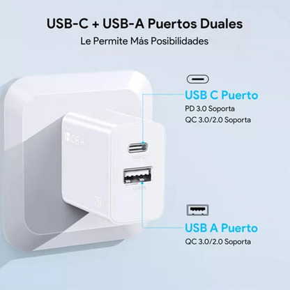 Cargador Doble Puerto USB/C 20W - 1 Hora
